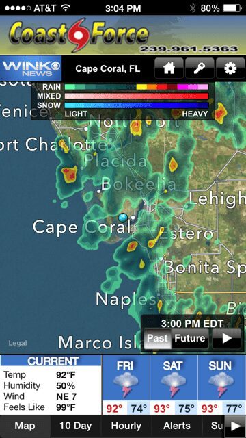Weather radar showing rain near Cape Coral.