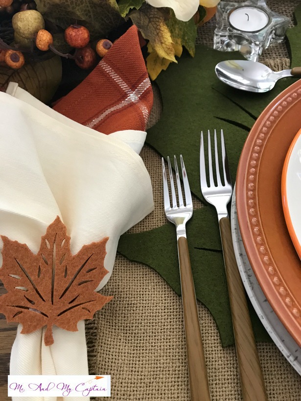 This is a Fall Tablescape Blog Hop and the place setting starts with pretty napkins and flatware.