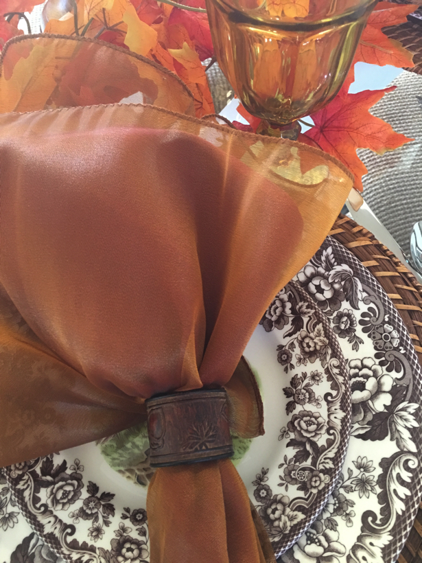 linen napkin on a Spode dinnerplate and Pheasant salad plate.