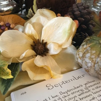 Magnolia resting on book of the month of September.