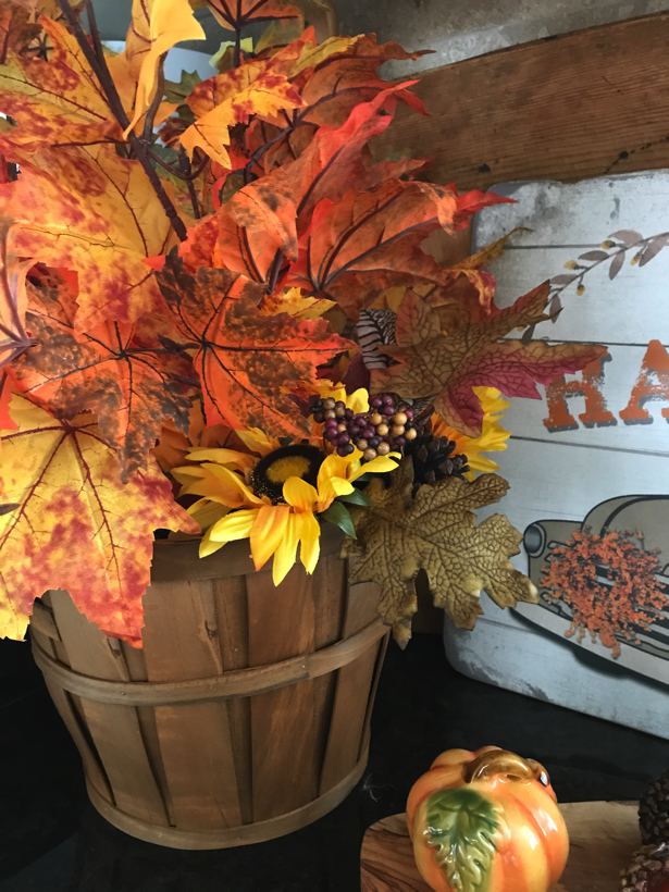 home harvest with fall leaves in bushel basket.