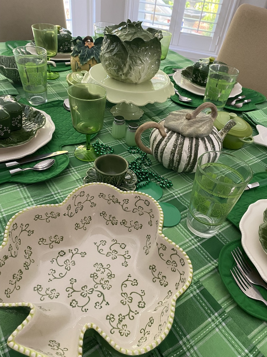 tablescape with shamrock casserole