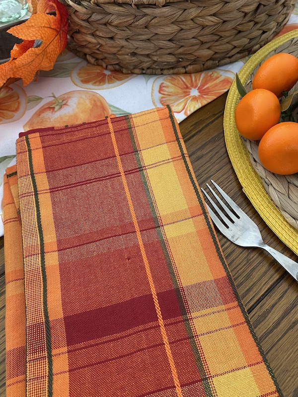 orange plaid napkin for harvest moon tablescape
