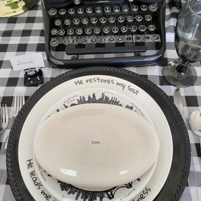place setting with typewriter